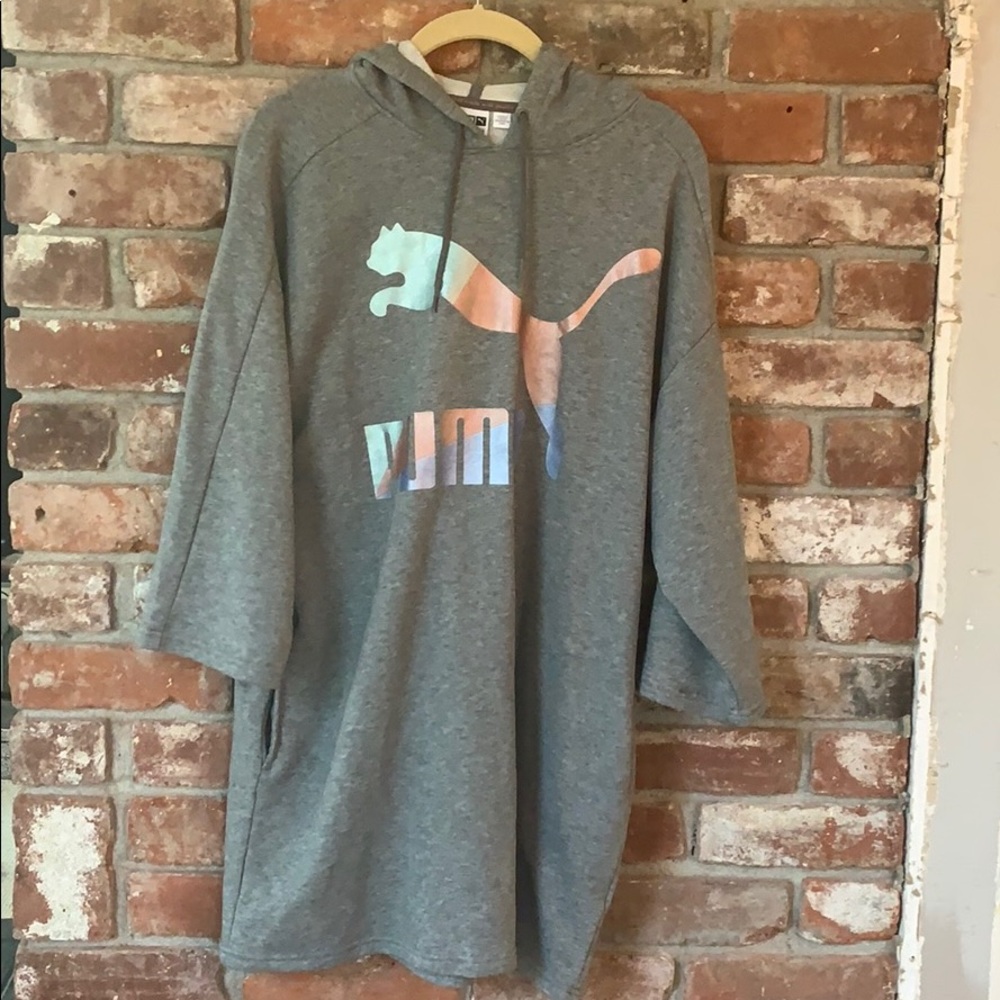 PUMA Long Hooded Tunic Sweatshirt Athleisure Dream Side Pocket Gray